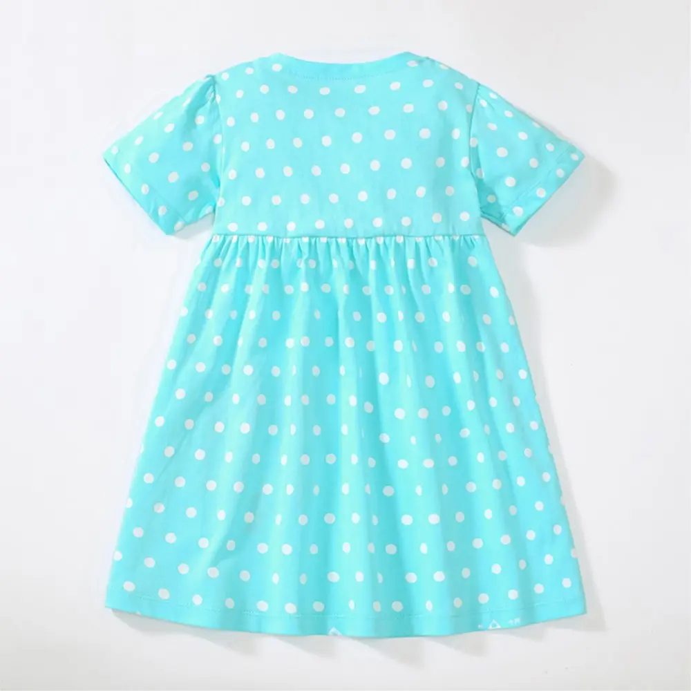 2-7t Short Sleeved Light Blue Polka Dot Toddler Dress with Adorable Ice Cream Pattern