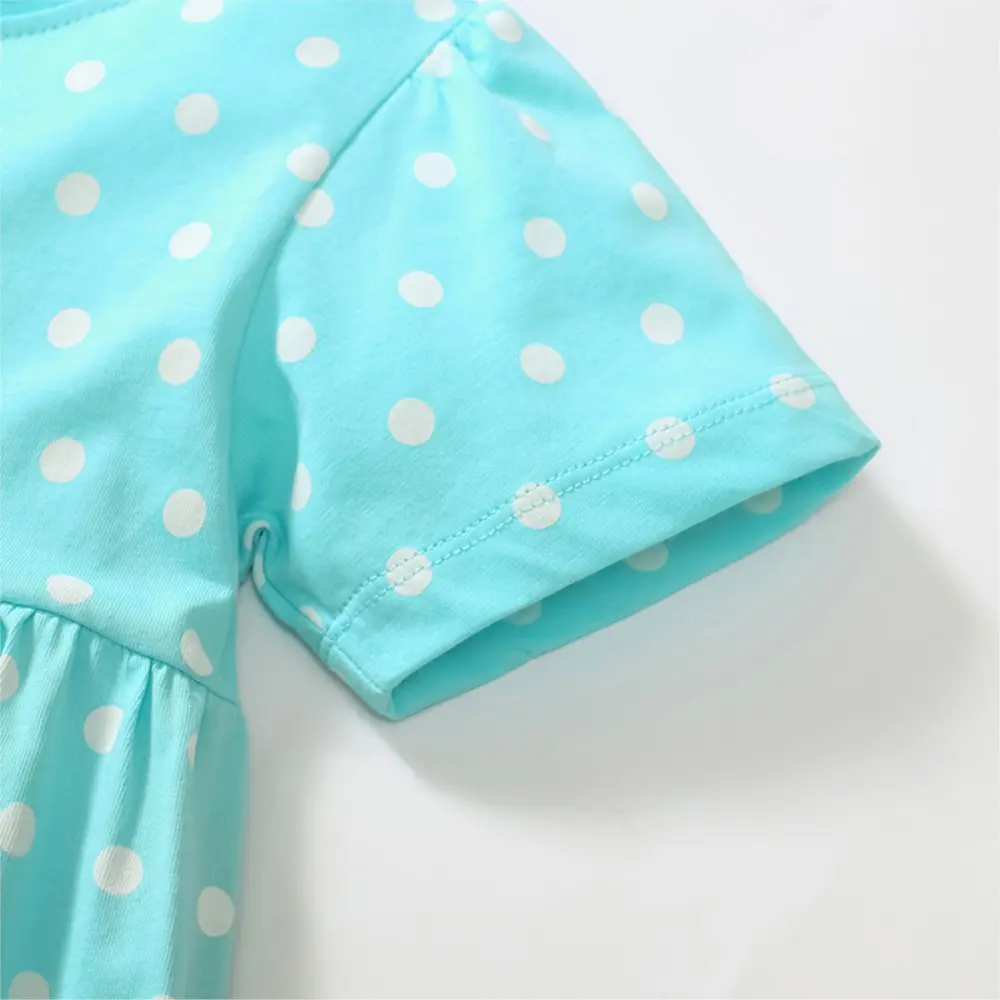 2-7t Short Sleeved Light Blue Polka Dot Toddler Dress with Adorable Ice Cream Pattern