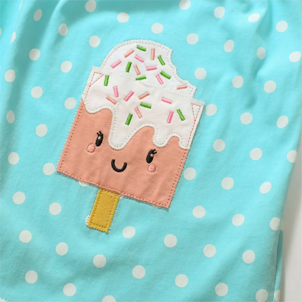 2-7t Short Sleeved Light Blue Polka Dot Toddler Dress with Adorable Ice Cream Pattern