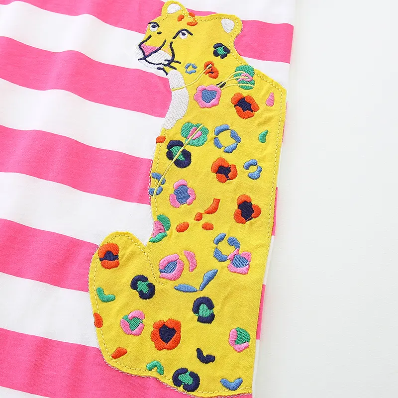 Summer Girls Dresses Leopard Striped Short Sleeve Kids Dress For Girls Toddler Cotton Clothing Children Cartoon Dress