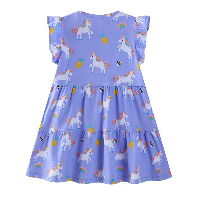 Girls' Light Purple Sleeveless Dress - with Ruffled Sleeves and All - over Unicorn, Pineapple, Bee and Rainbow Print 2-7 Years