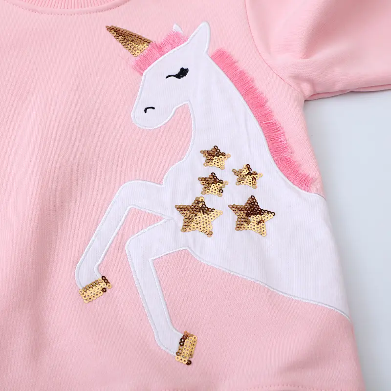 Girls' Pink Sweatshirt Sparkly Unicorn Embroidered Design, Long Sleeve Adorable Toddler Girl Pullover
