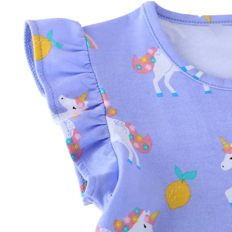 Girls' Light Purple Sleeveless Dress - with Ruffled Sleeves and All - over Unicorn, Pineapple, Bee and Rainbow Print 2-7 Years