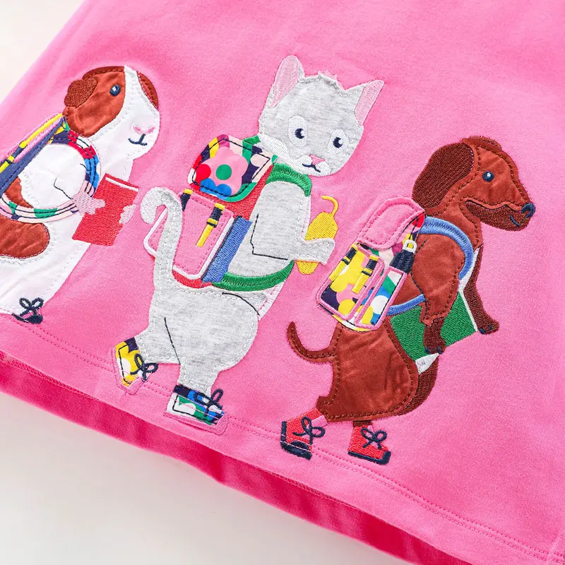 Cotton Girls Long Sleeves Dress Lovely Cartoon Animals Carry Schoolbag Go to School Autumn Casual Clothes for Kids