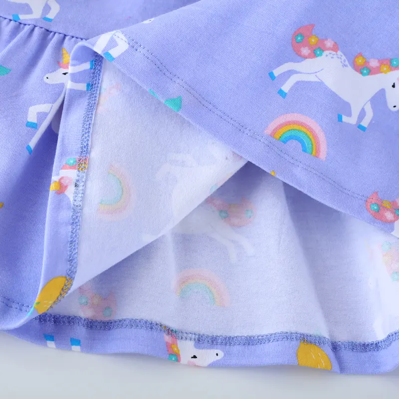 Girls' Light Purple Sleeveless Dress - with Ruffled Sleeves and All - over Unicorn, Pineapple, Bee and Rainbow Print 2-7 Years