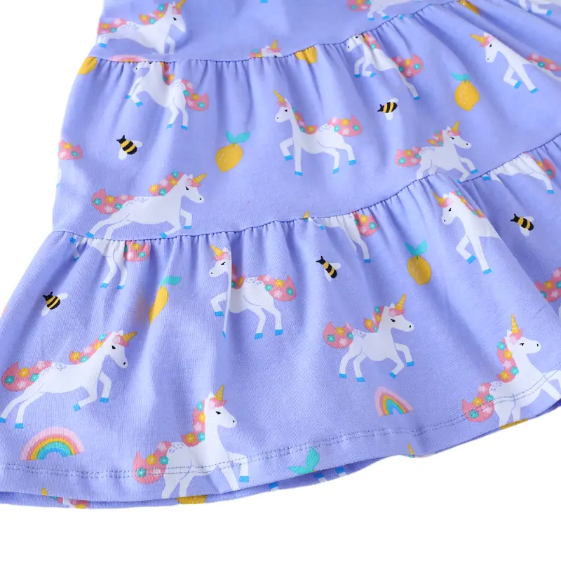 Girls' Light Purple Sleeveless Dress - with Ruffled Sleeves and All - over Unicorn, Pineapple, Bee and Rainbow Print 2-7 Years