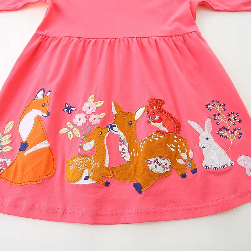 Enchanting Long - Sleeve Pink Dress for Girls with Adorable Forest Animal Embroidery