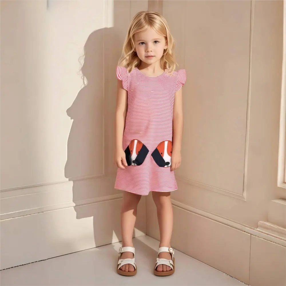 Girls' Pink and White Striped Dress - with Ruffled Sleeves and Dog - face Pocket Design - Suitable for Ages 2-7y