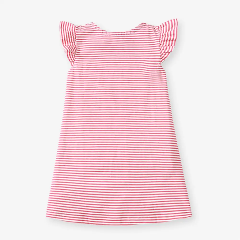 Girls' Pink and White Striped Dress - with Ruffled Sleeves and Dog - face Pocket Design - Suitable for Ages 2-7y
