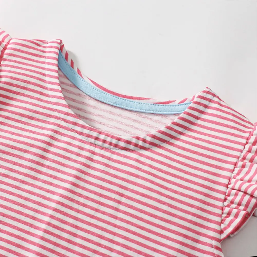 Girls' Pink and White Striped Dress - with Ruffled Sleeves and Dog - face Pocket Design - Suitable for Ages 2-7y
