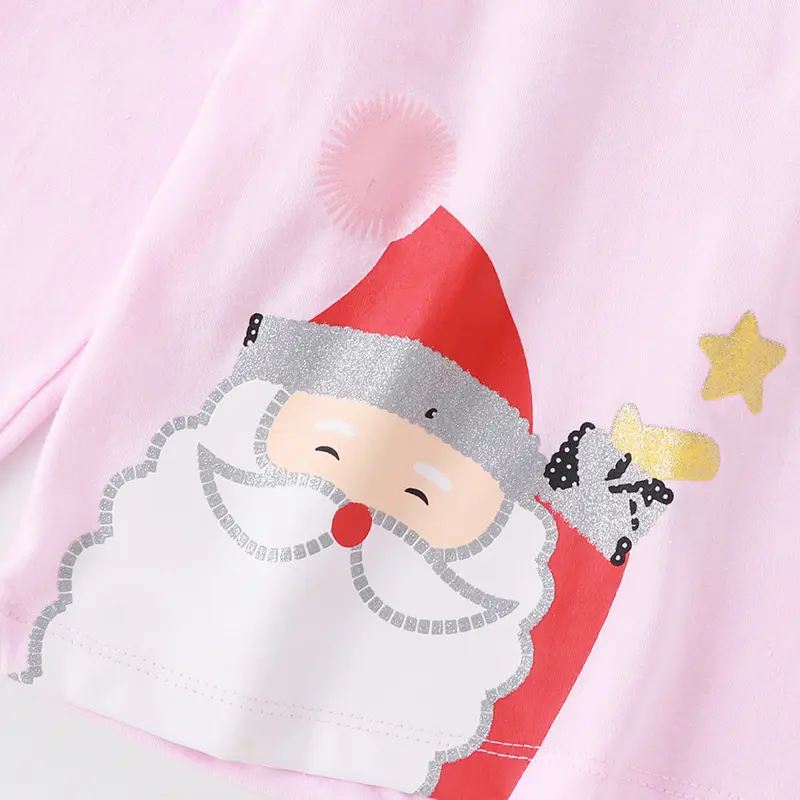 2Pcs Girls' Christmas  Themed Pajama Set Pink Top with Santa Print, Star Patterned Bottoms