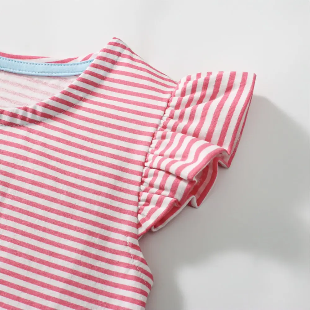 Girls' Pink and White Striped Dress - with Ruffled Sleeves and Dog - face Pocket Design - Suitable for Ages 2-7y