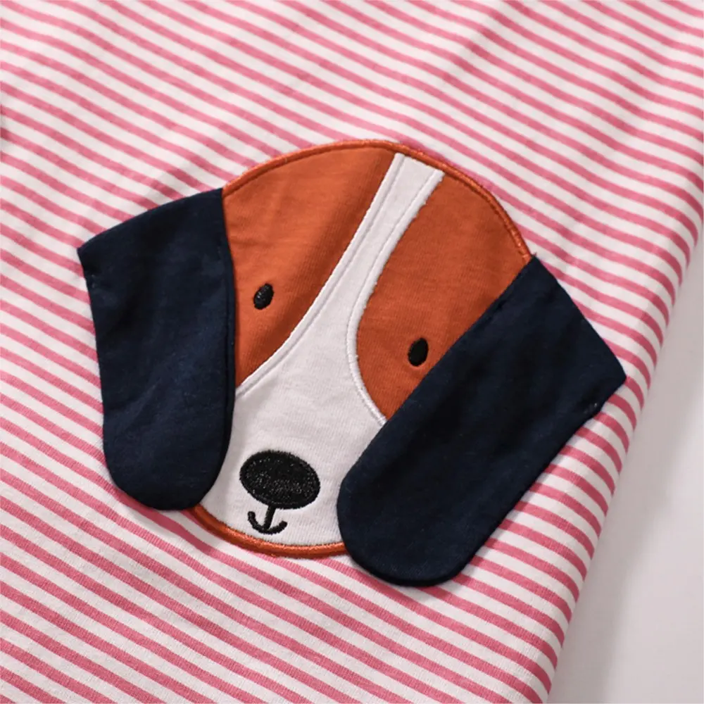 Girls' Pink and White Striped Dress - with Ruffled Sleeves and Dog - face Pocket Design - Suitable for Ages 2-7y