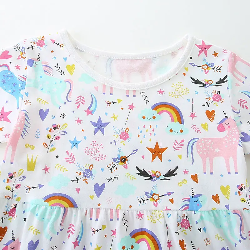 Girls' White Short - Sleeve Dress - with Colorful Unicorn, Rainbow and Star All - over Print - Suitable for Ages 2-7y