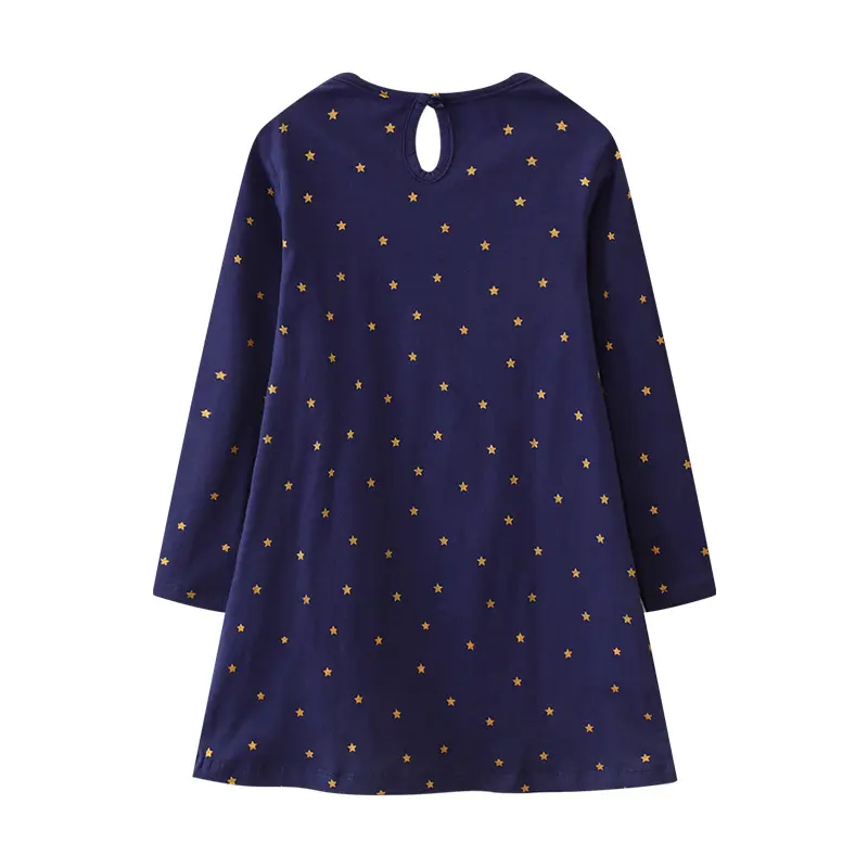 Navy Blue Long - Sleeved Christmas Dress with Star Prints and Santa - Reindeer Motif - Ideal for Festive Occasions