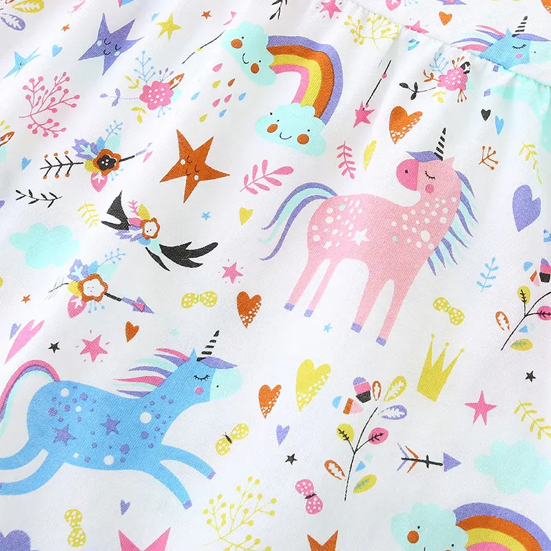 Girls' White Short - Sleeve Dress - with Colorful Unicorn, Rainbow and Star All - over Print - Suitable for Ages 2-7y