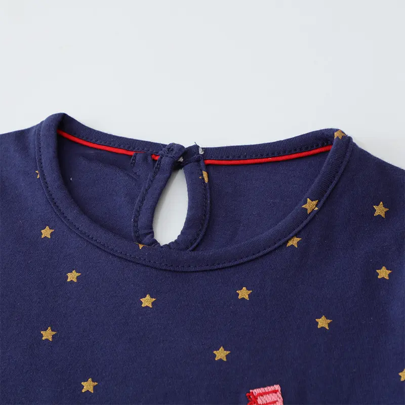 Navy Blue Long - Sleeved Christmas Dress with Star Prints and Santa - Reindeer Motif - Ideal for Festive Occasions