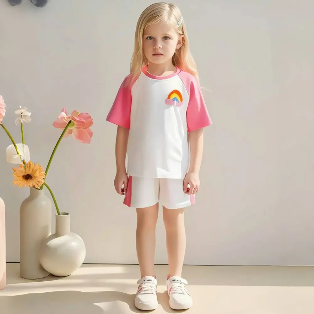 2Pcs Girls' Short Sleeve Outfit Pink and White Raglan style Top (Rainbow Embroidery) Matching White Shorts with Pink Side Strips