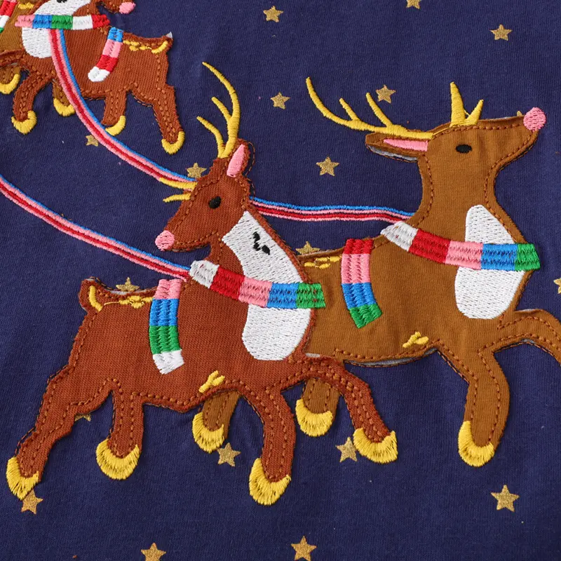 Navy Blue Long - Sleeved Christmas Dress with Star Prints and Santa - Reindeer Motif - Ideal for Festive Occasions