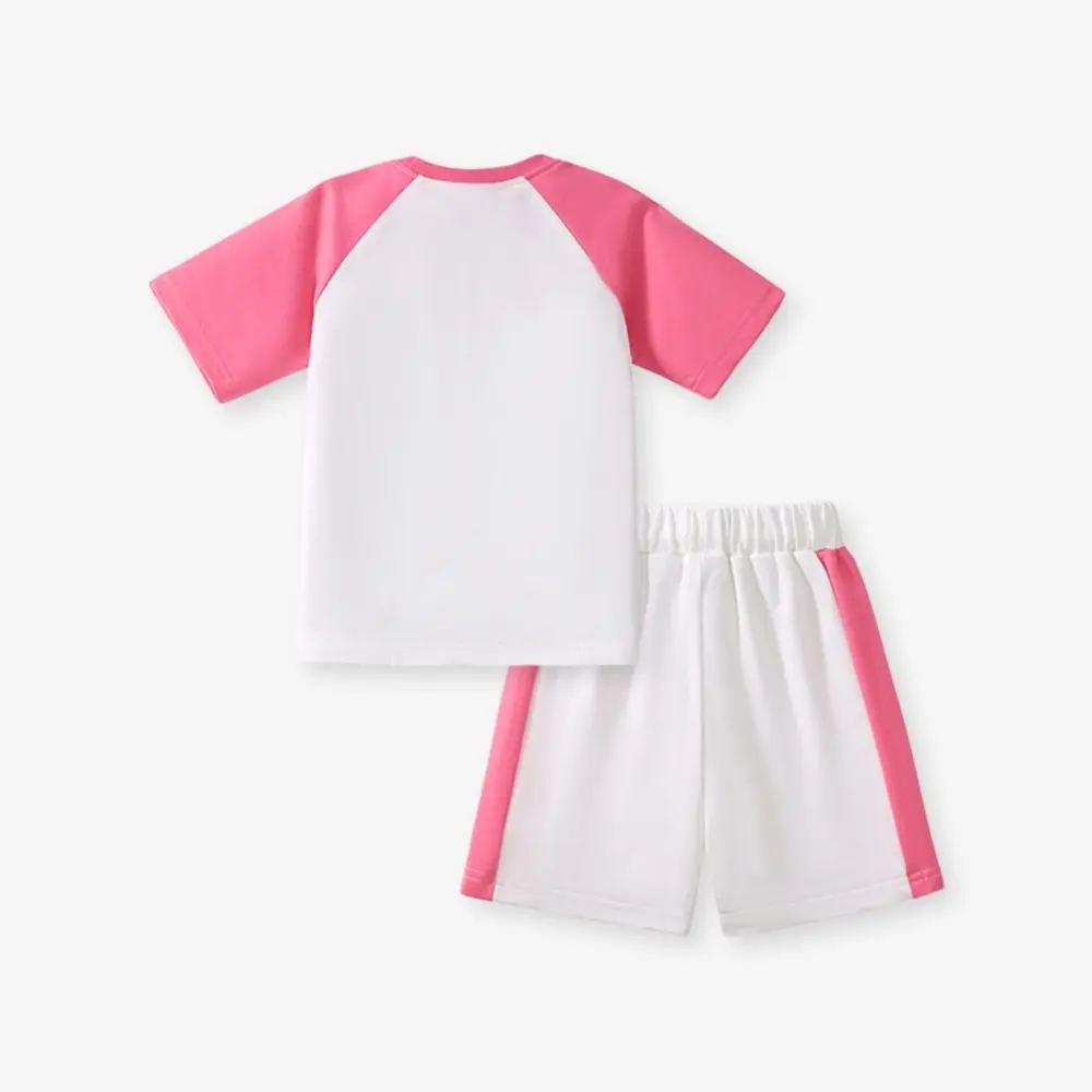 2Pcs Girls' Short Sleeve Outfit Pink and White Raglan style Top (Rainbow Embroidery) Matching White Shorts with Pink Side Strips