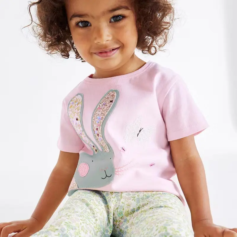 2Pcs Girls' Short Sleeve Outfit Set Pink Rabbit Print T - Shirt and Floral Print Leggings