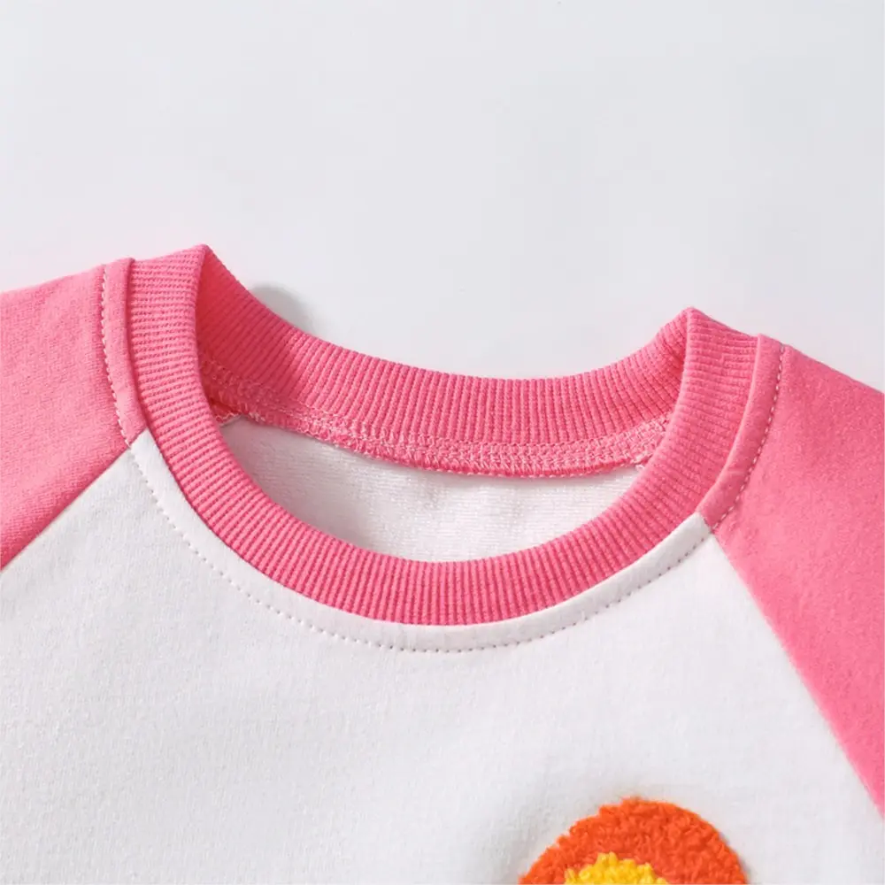 2Pcs Girls' Short Sleeve Outfit Pink and White Raglan style Top (Rainbow Embroidery) Matching White Shorts with Pink Side Strips