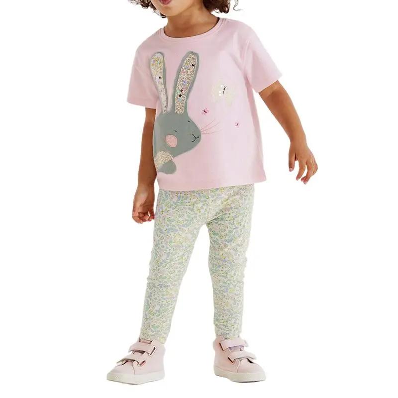 2Pcs Girls' Short Sleeve Outfit Set Pink Rabbit Print T - Shirt and Floral Print Leggings