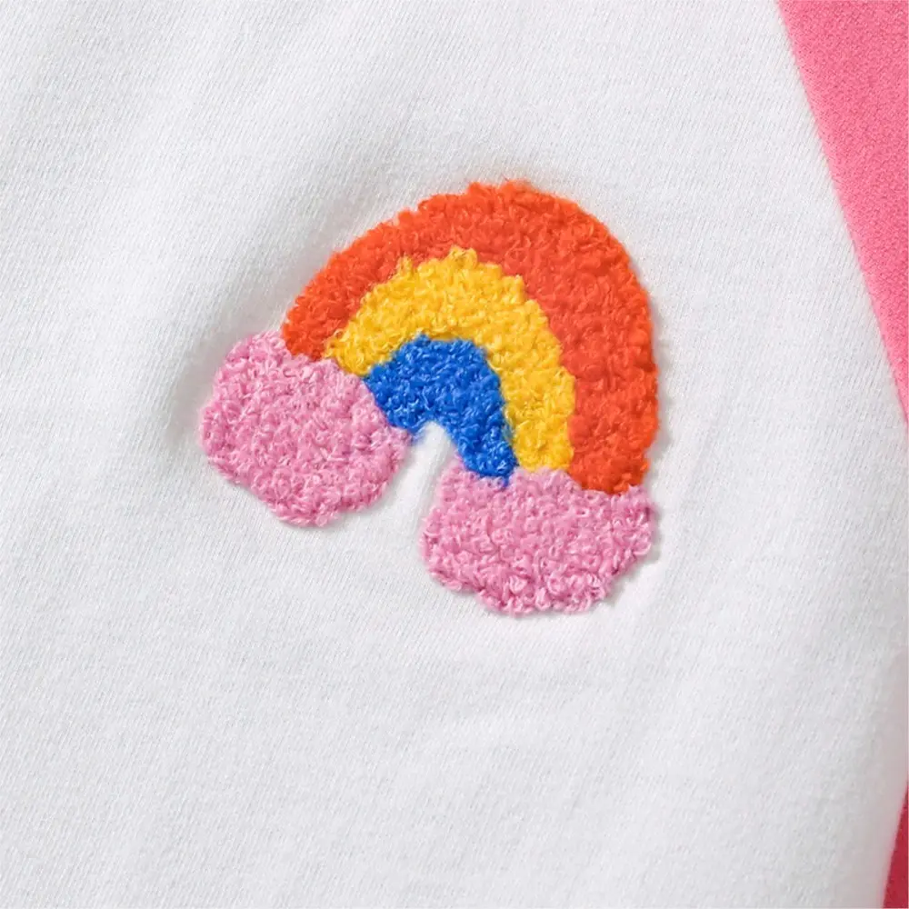 2Pcs Girls' Short Sleeve Outfit Pink and White Raglan style Top (Rainbow Embroidery) Matching White Shorts with Pink Side Strips