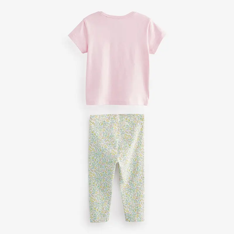 2Pcs Girls' Short Sleeve Outfit Set Pink Rabbit Print T - Shirt and Floral Print Leggings