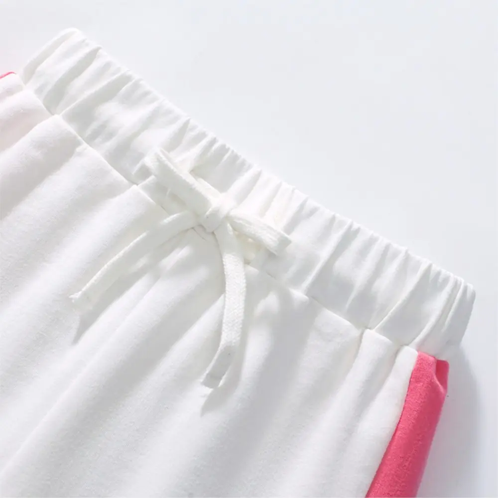 2Pcs Girls' Short Sleeve Outfit Pink and White Raglan style Top (Rainbow Embroidery) Matching White Shorts with Pink Side Strips