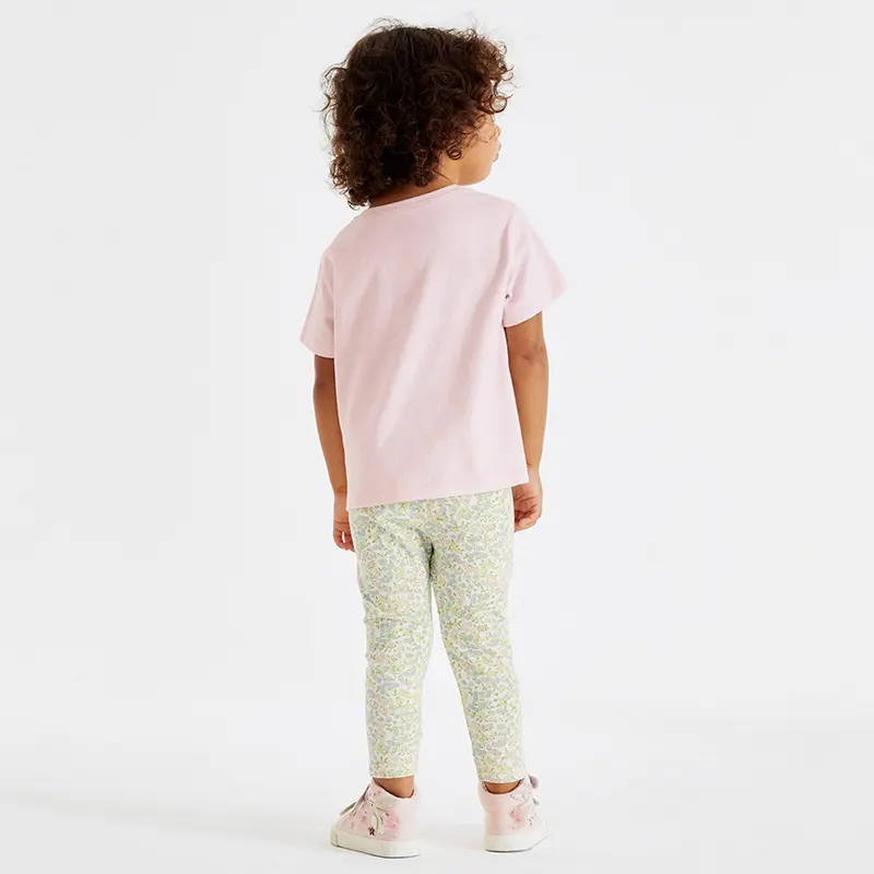 2Pcs Girls' Short Sleeve Outfit Set Pink Rabbit Print T - Shirt and Floral Print Leggings