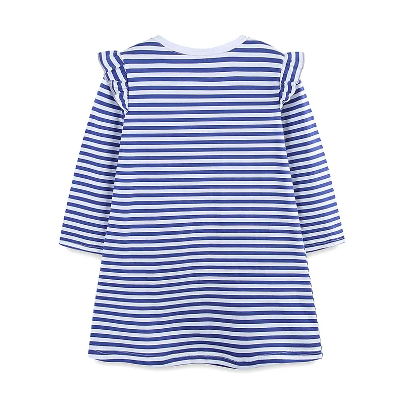 Girls' Blue and White Striped Long - Sleeve Dress - with Ruffled Shoulders and Red Heart Pockets - Suitable for Ages 2-7y