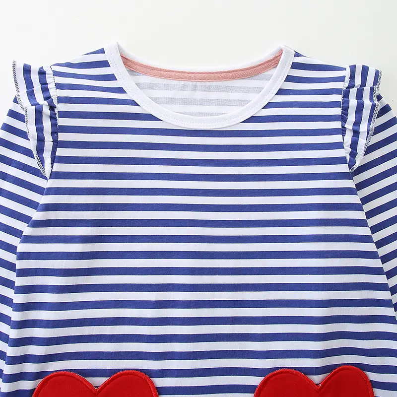 Girls' Blue and White Striped Long - Sleeve Dress - with Ruffled Shoulders and Red Heart Pockets - Suitable for Ages 2-7y