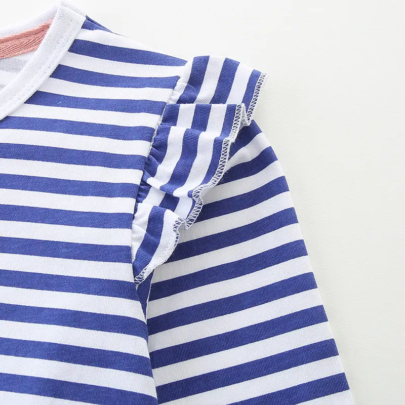 Girls' Blue and White Striped Long - Sleeve Dress - with Ruffled Shoulders and Red Heart Pockets - Suitable for Ages 2-7y
