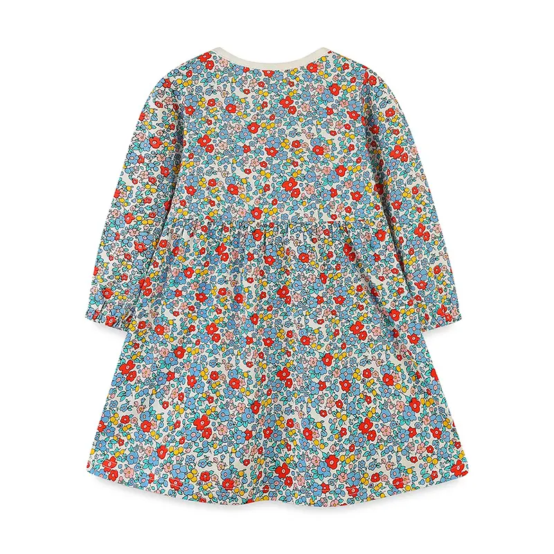 Girls' Long - Sleeve Dress - with Ditsy Floral Print in Red, Blue and Yellow - Suitable for Ages 2-7y