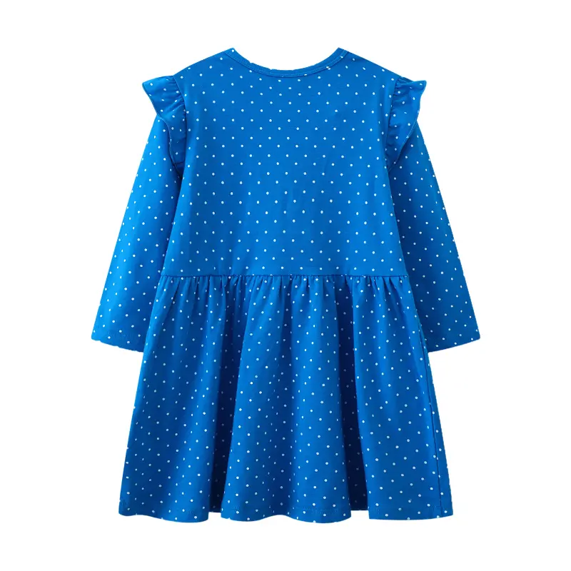 Stylish Blue Long - Sleeve Dress with Ruffled Shoulders and Polka Dots, Adorable Bird Embroidery - Great for a Sweet Look