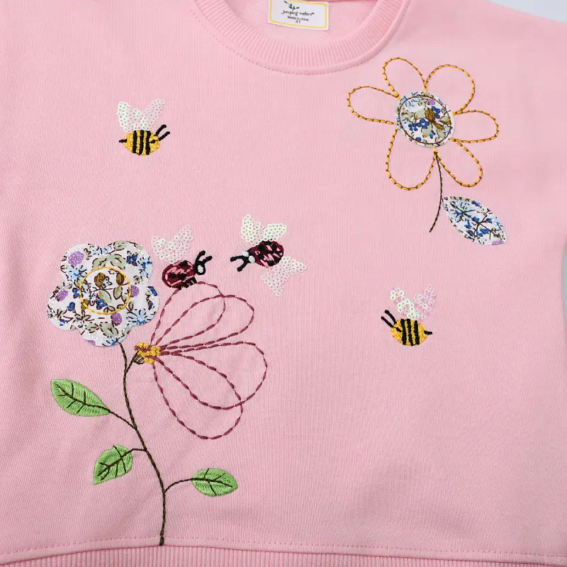 Charming Pink Round Neck Sweatshirt with Exquisite Floral and Bee Embroidery Stylish and Adorable for Girls