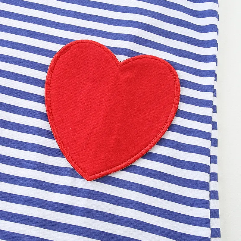Girls' Blue and White Striped Long - Sleeve Dress - with Ruffled Shoulders and Red Heart Pockets - Suitable for Ages 2-7y