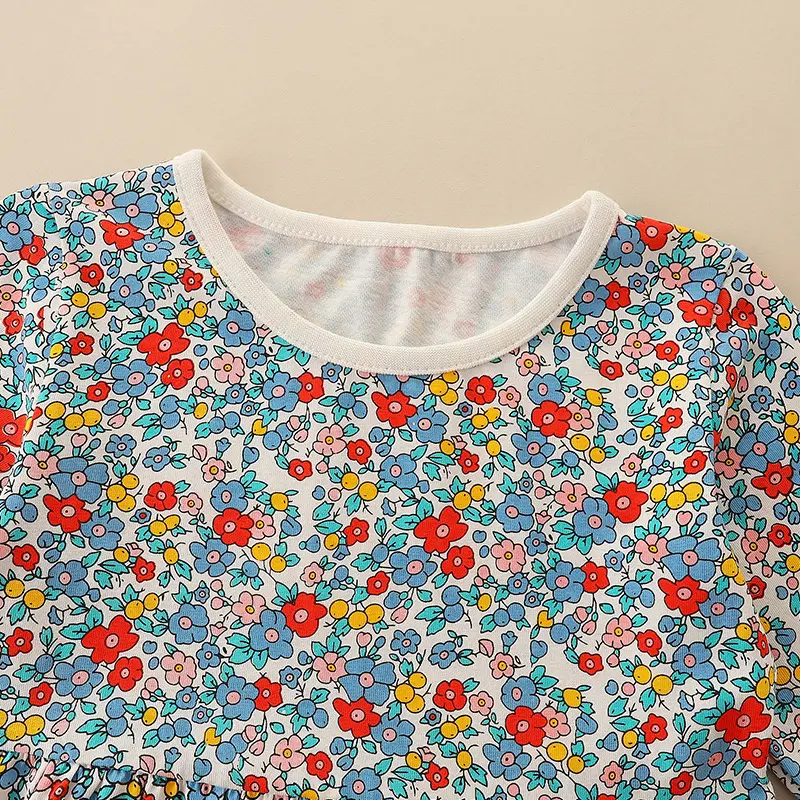 Girls' Long - Sleeve Dress - with Ditsy Floral Print in Red, Blue and Yellow - Suitable for Ages 2-7y