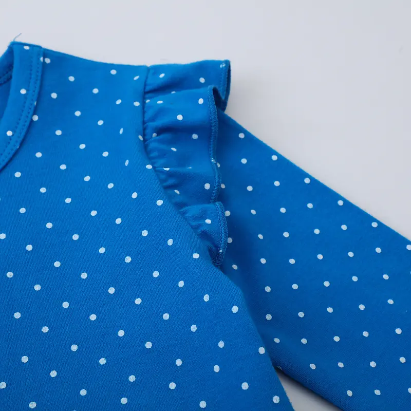 Stylish Blue Long - Sleeve Dress with Ruffled Shoulders and Polka Dots, Adorable Bird Embroidery - Great for a Sweet Look