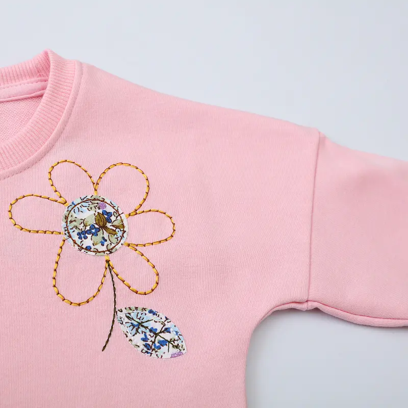 Charming Pink Round Neck Sweatshirt with Exquisite Floral and Bee Embroidery Stylish and Adorable for Girls