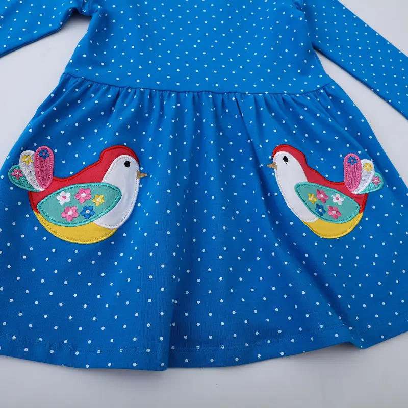 Stylish Blue Long - Sleeve Dress with Ruffled Shoulders and Polka Dots, Adorable Bird Embroidery - Great for a Sweet Look