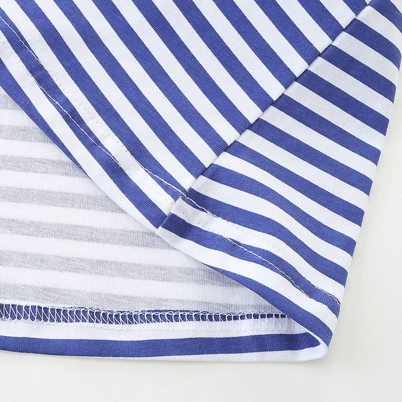 Girls' Blue and White Striped Long - Sleeve Dress - with Ruffled Shoulders and Red Heart Pockets - Suitable for Ages 2-7y