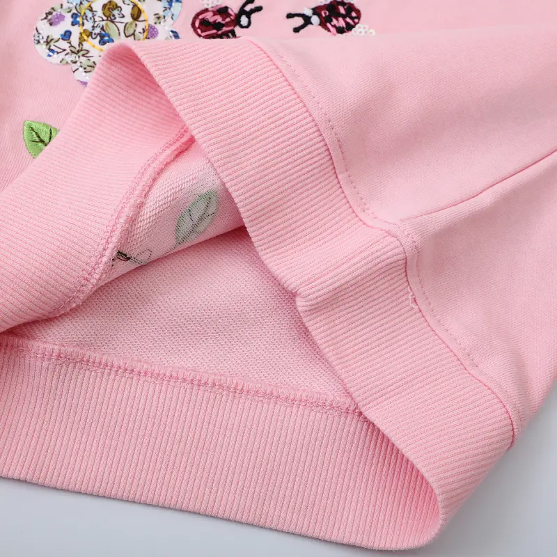 Charming Pink Round Neck Sweatshirt with Exquisite Floral and Bee Embroidery Stylish and Adorable for Girls