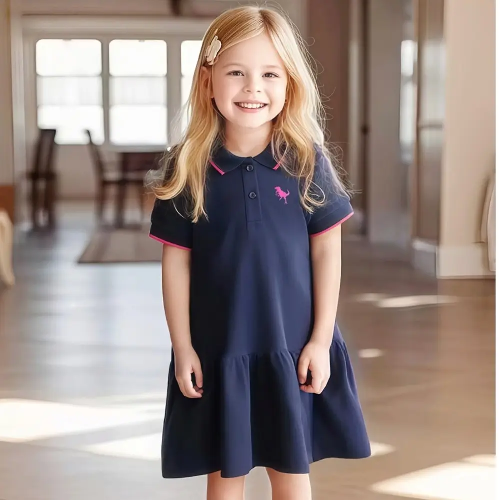 Girls' Navy Blue Short - Sleeve Polo Dress - with Pink Trim on Collar and Sleeves, and Dinosaur Embroidered Logo 2-7y
