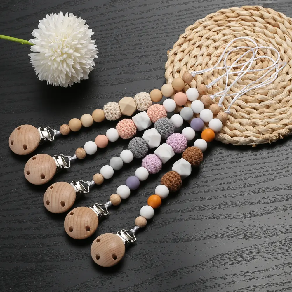 Crochet Ball Baby Pacifier Chain Beech Soother Nipple Clips For Silicone Beaded Dummy Holder Chain Care Chew Toy Shower Gift