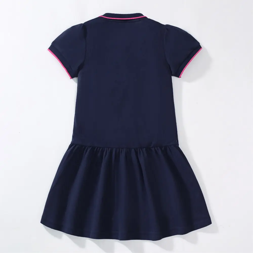 Girls' Navy Blue Short - Sleeve Polo Dress - with Pink Trim on Collar and Sleeves, and Dinosaur Embroidered Logo 2-7y