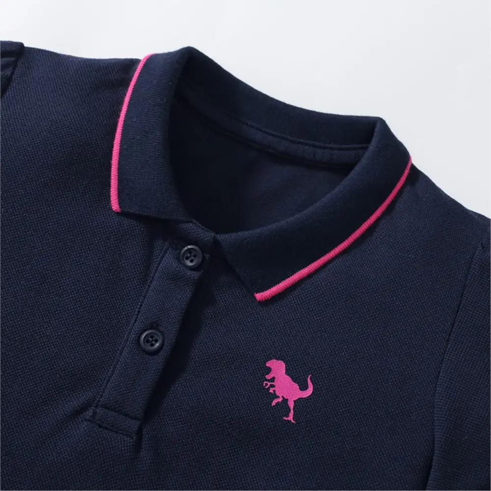 Girls' Navy Blue Short - Sleeve Polo Dress - with Pink Trim on Collar and Sleeves, and Dinosaur Embroidered Logo 2-7y