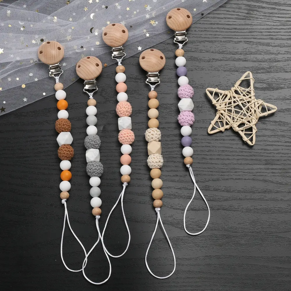 Crochet Ball Baby Pacifier Chain Beech Soother Nipple Clips For Silicone Beaded Dummy Holder Chain Care Chew Toy Shower Gift