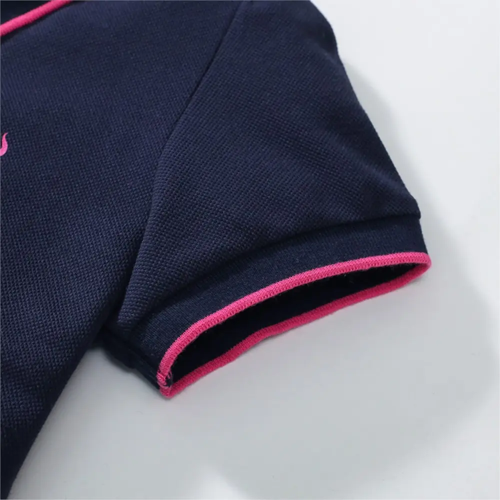 Girls' Navy Blue Short - Sleeve Polo Dress - with Pink Trim on Collar and Sleeves, and Dinosaur Embroidered Logo 2-7y